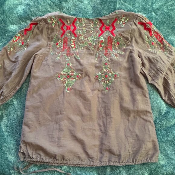 Sole Mio Brown Embroidery Cotton Blouse Size M - Picture 5 of 9